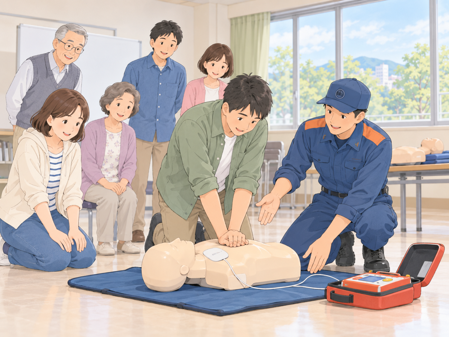 AEDと心肺蘇生を体験している救命講習のイメージ