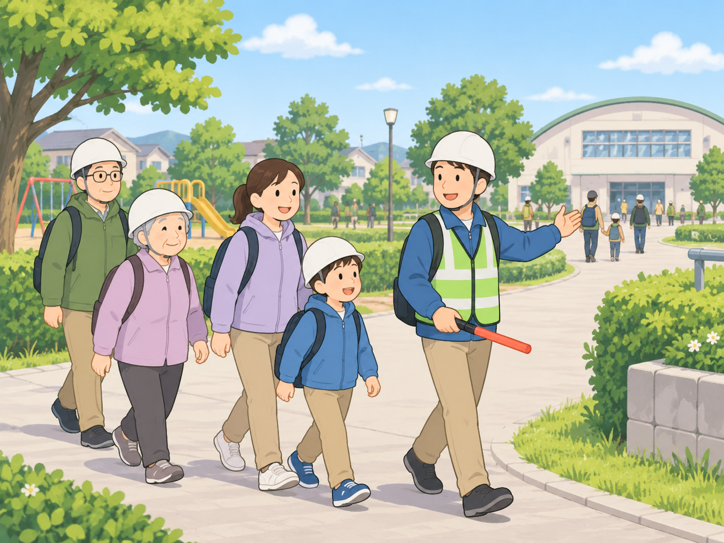 子どもから高齢者まで地域の人が一緒に避難している訓練のイメージ