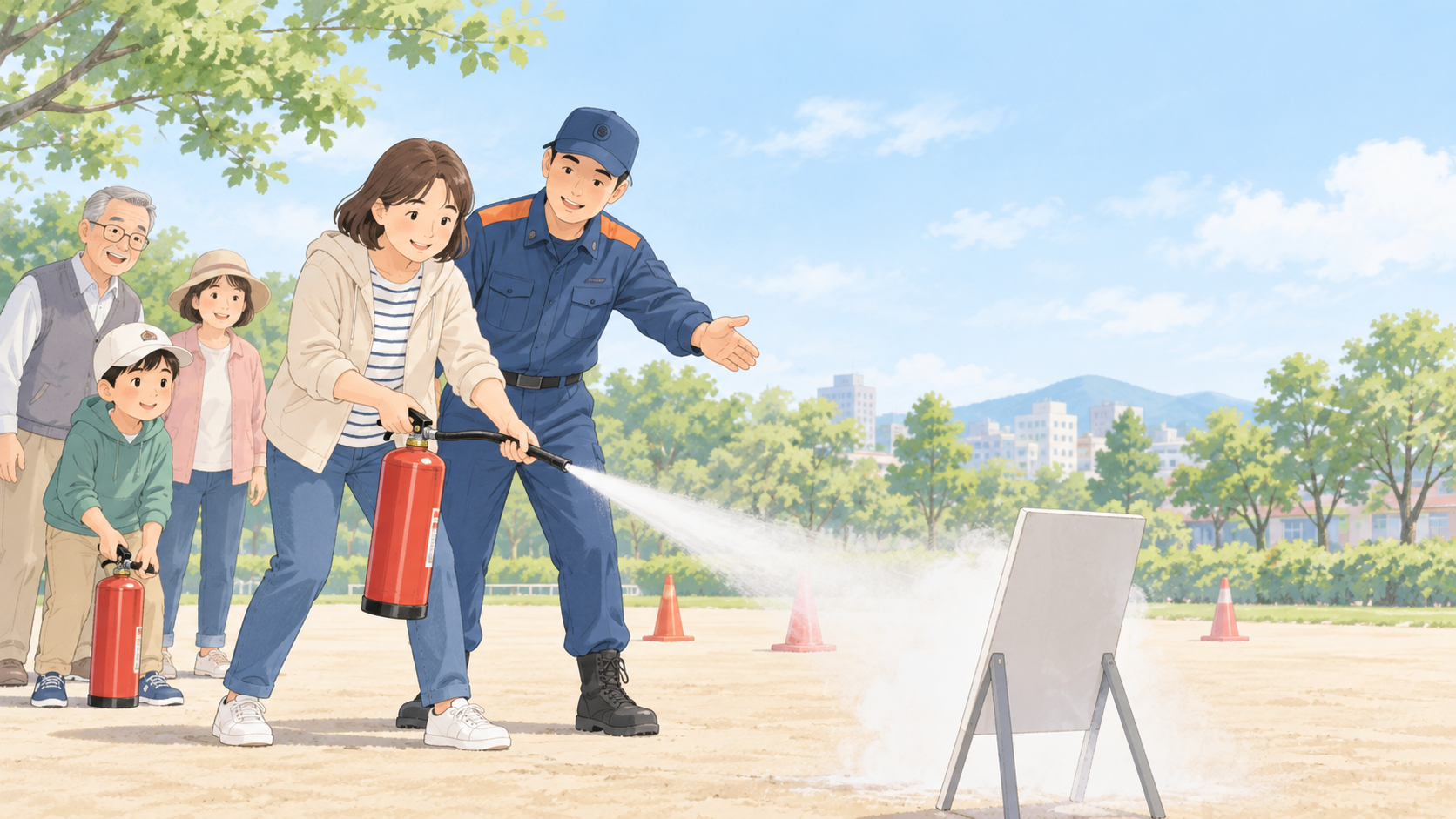 地域の住民が消火器の使い方を体験している消防・防災訓練のイメージ