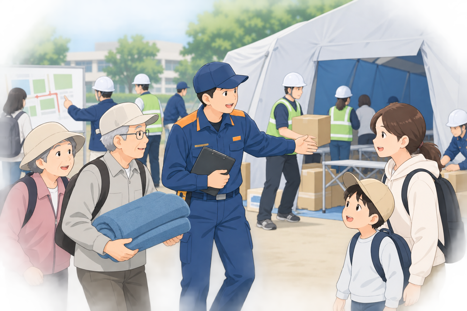 地域住民が避難所の設営や資機材を確認している訓練のイメージ