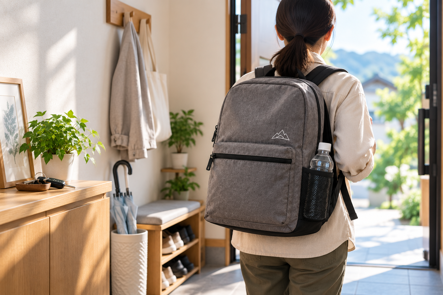 非常持ち出し袋を実際に背負い、持てる重さか確認する様子