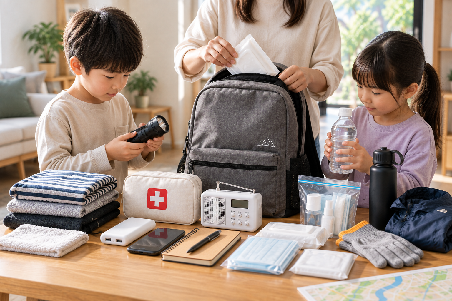 家族で非常持ち出し袋の中身を確認している様子