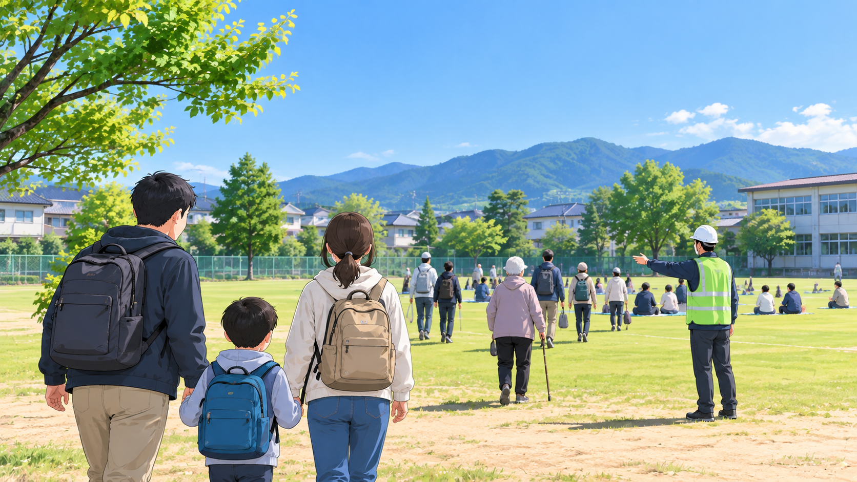屋外の広場へ避難する人たちのイメージ