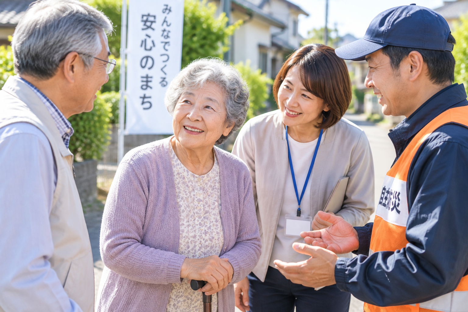 高齢者と家族、地域の人が話し合うイメージ