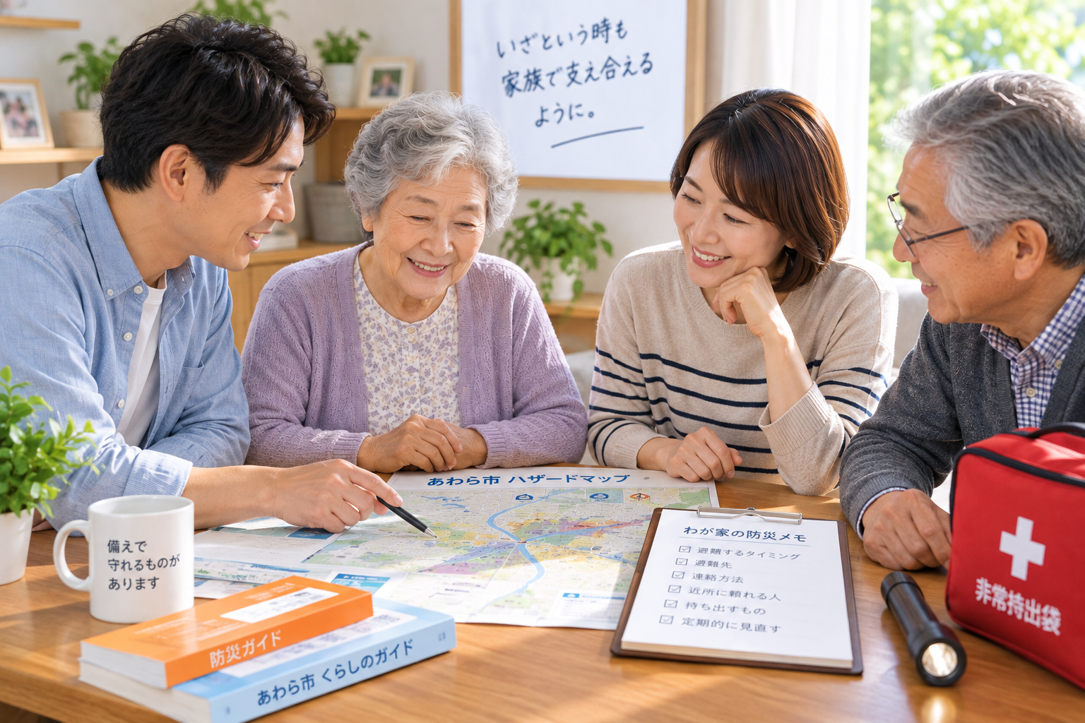 高齢の親と家族が避難について話し合うイメージ
