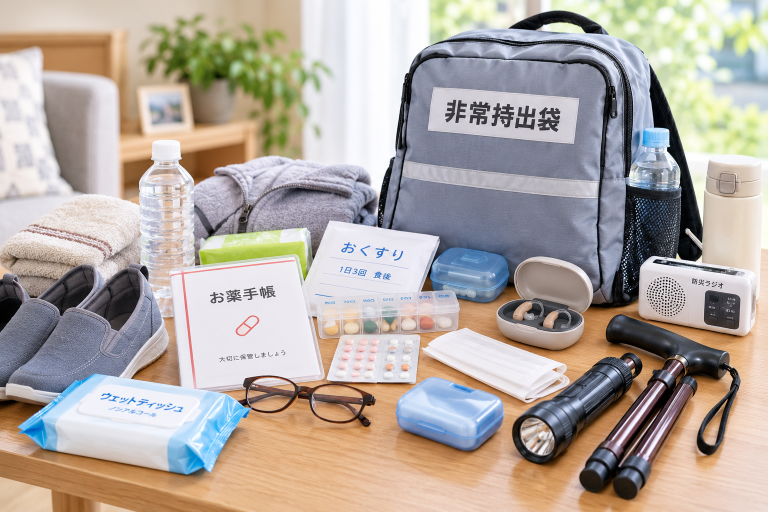 薬の情報や眼鏡など、本人に必要な持ち物をまとめたイメージ