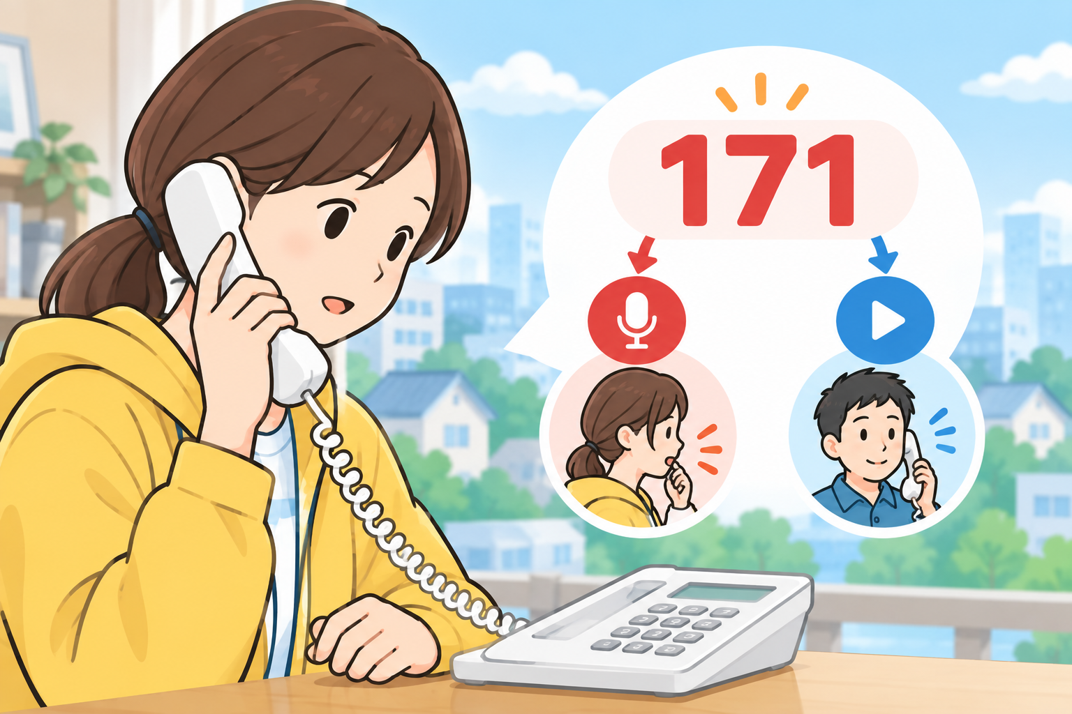 電話で伝言を録音し、離れた家族が再生するイメージ