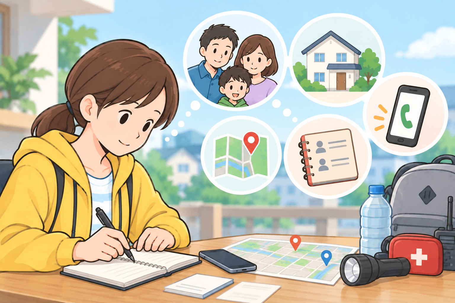 家族の連絡先や避難先を紙にも書いて準備するイメージ