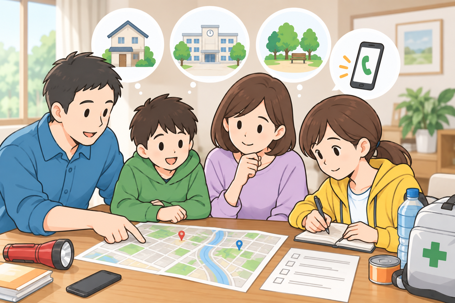 家族で地図を見ながら連絡方法と避難先を話し合うイメージ