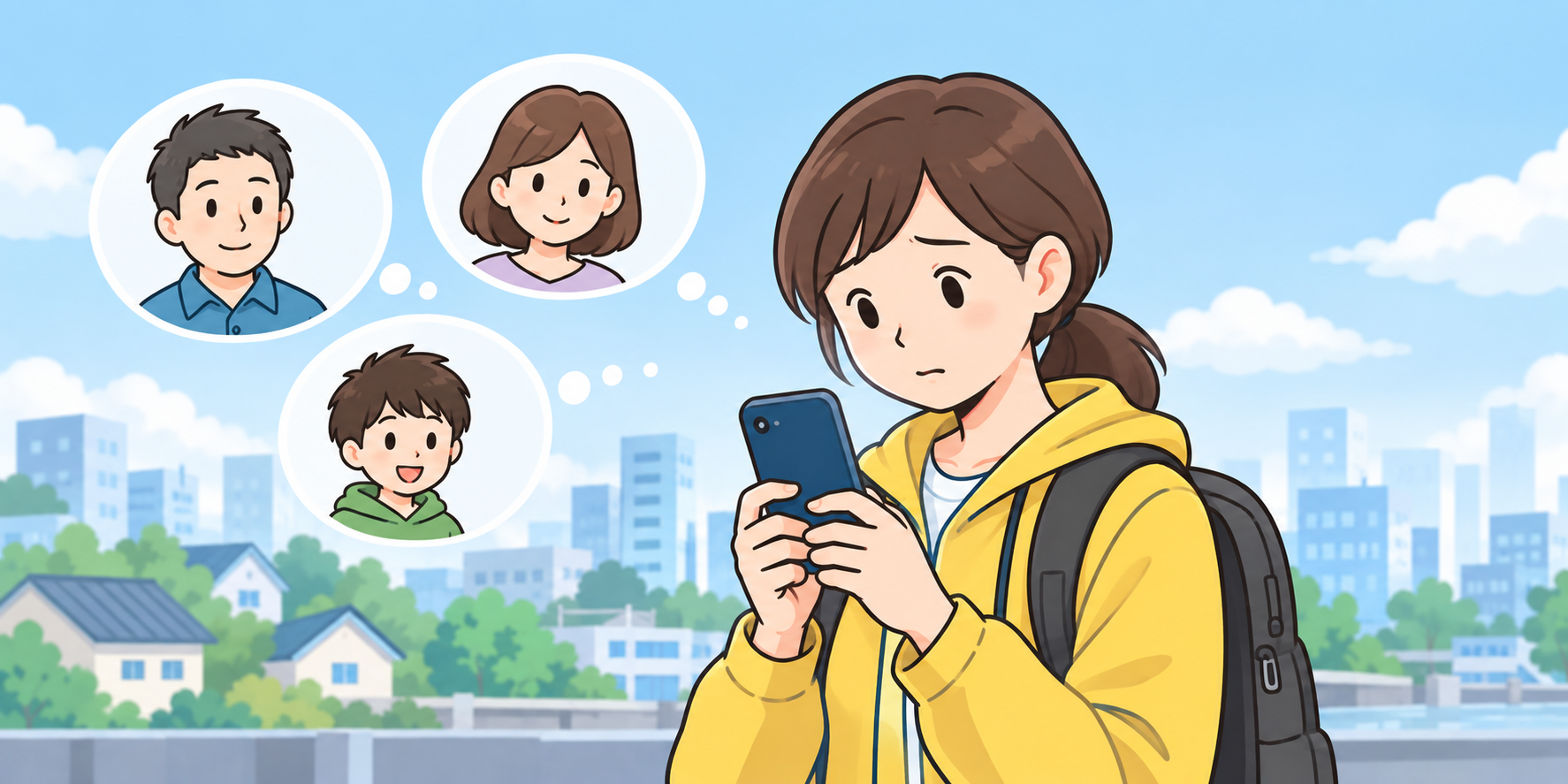 スマートフォンを見ながら離れている家族のことを考える人