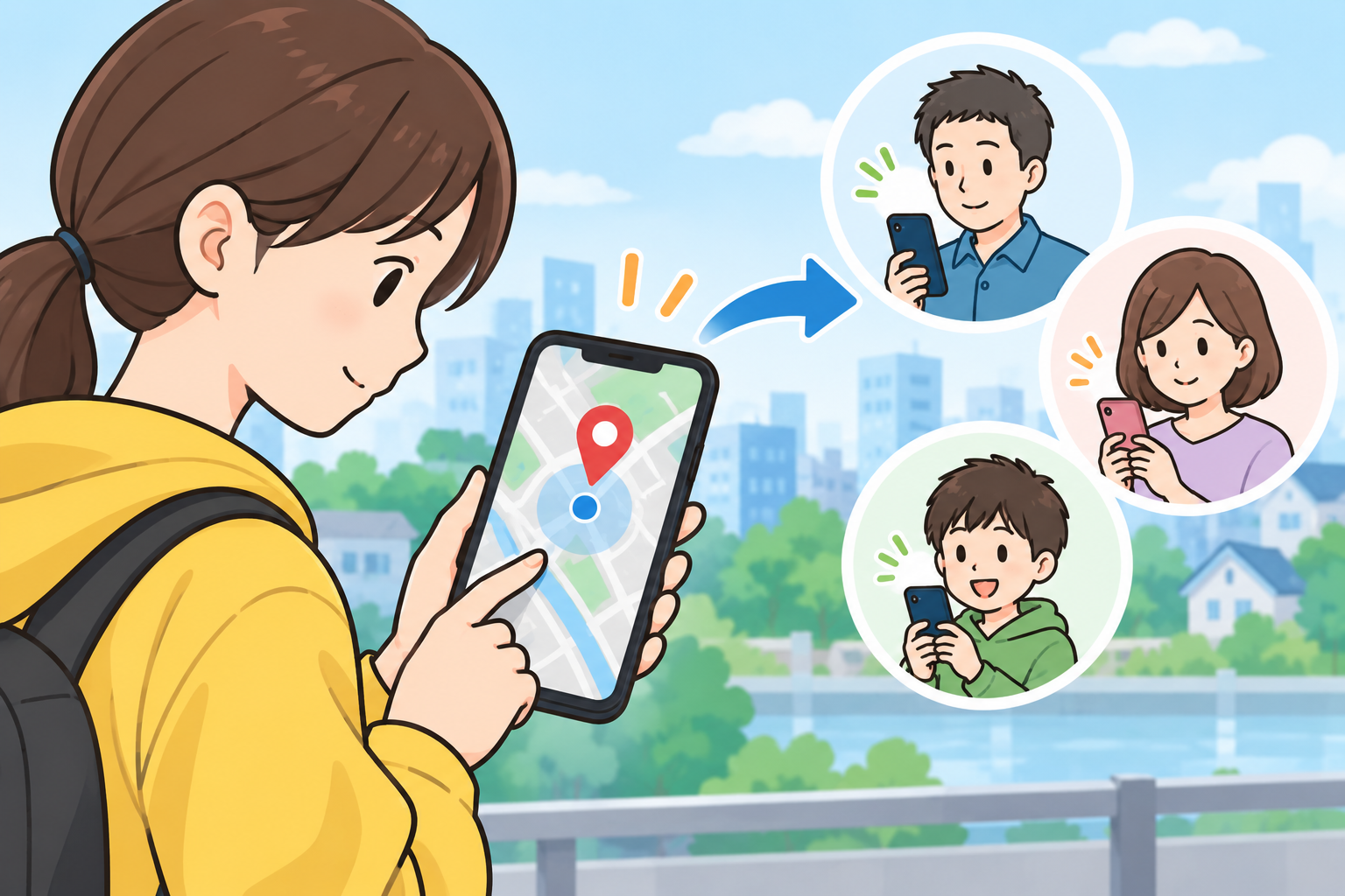 スマートフォンから離れた家族へ現在地を共有するイメージ