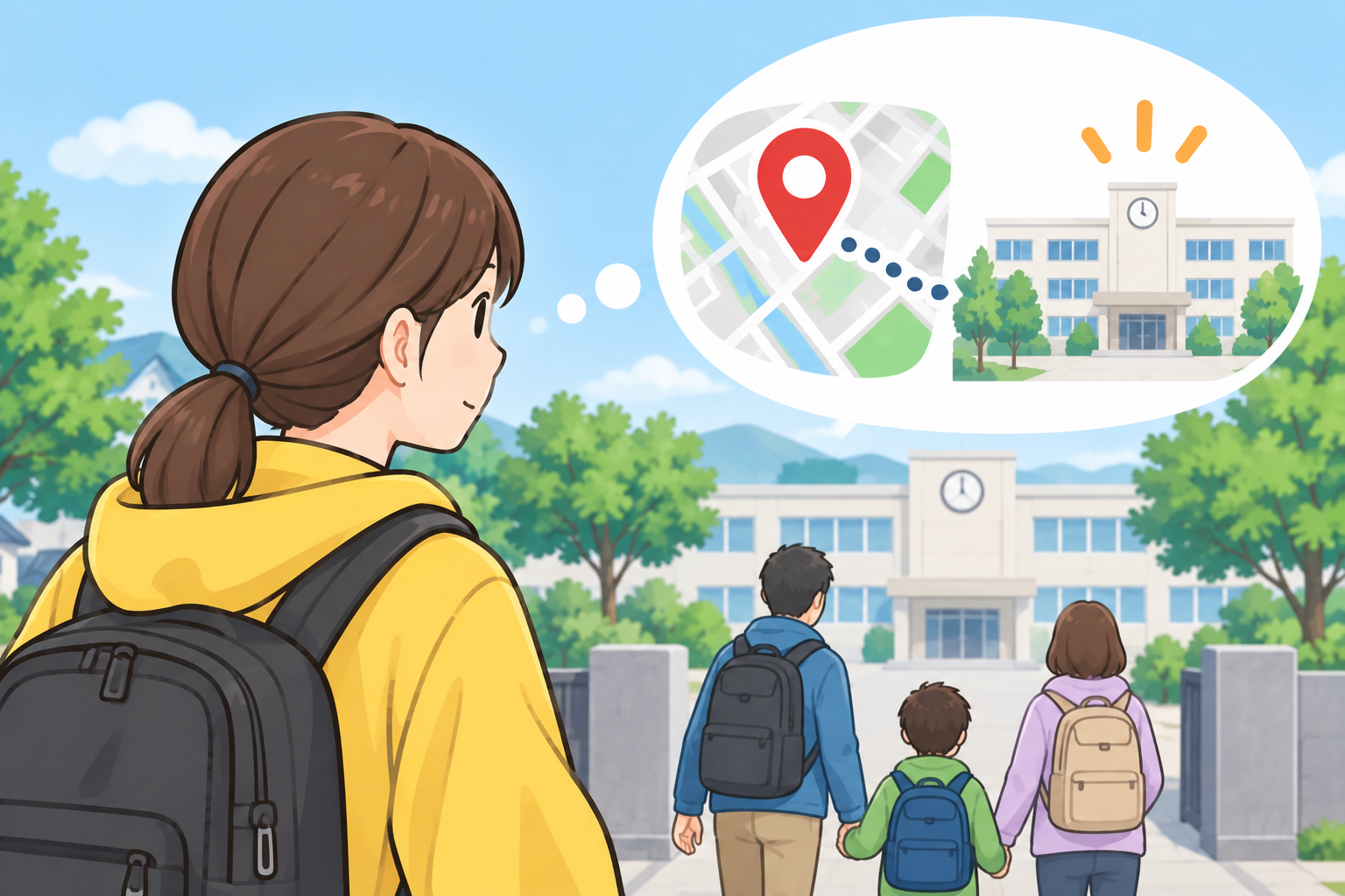 家族で決めた集合場所を確認しているイメージ