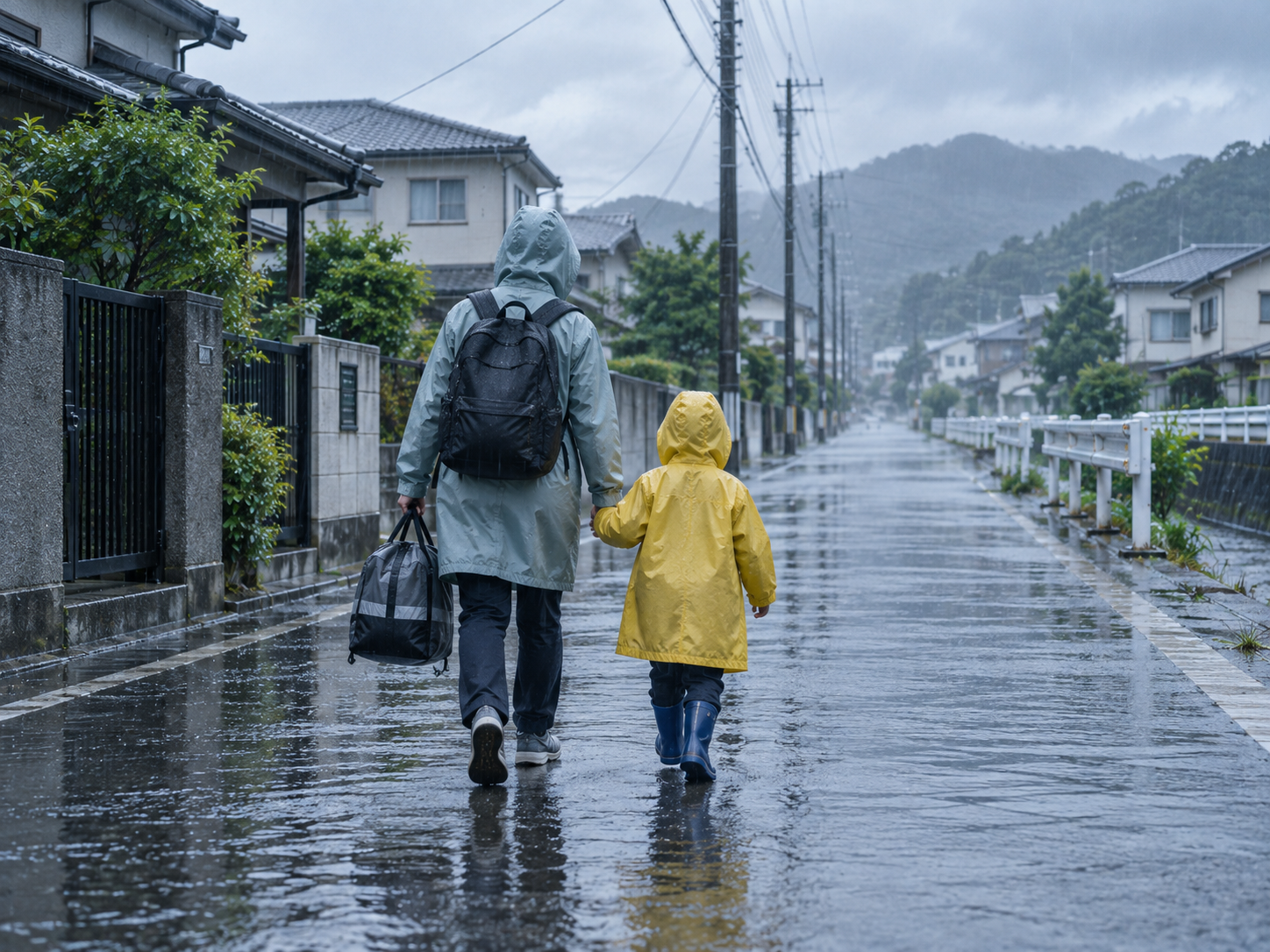 大雨が強くなる前に家族で安全な場所へ避難するイメージ