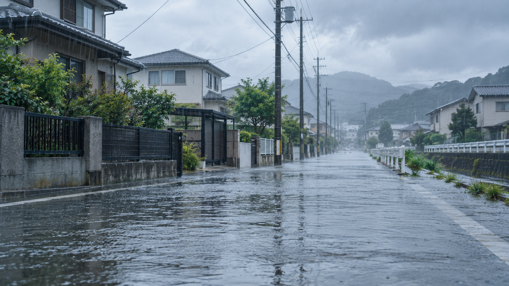 大雨で道路に水がたまり始めた住宅地のイメージ