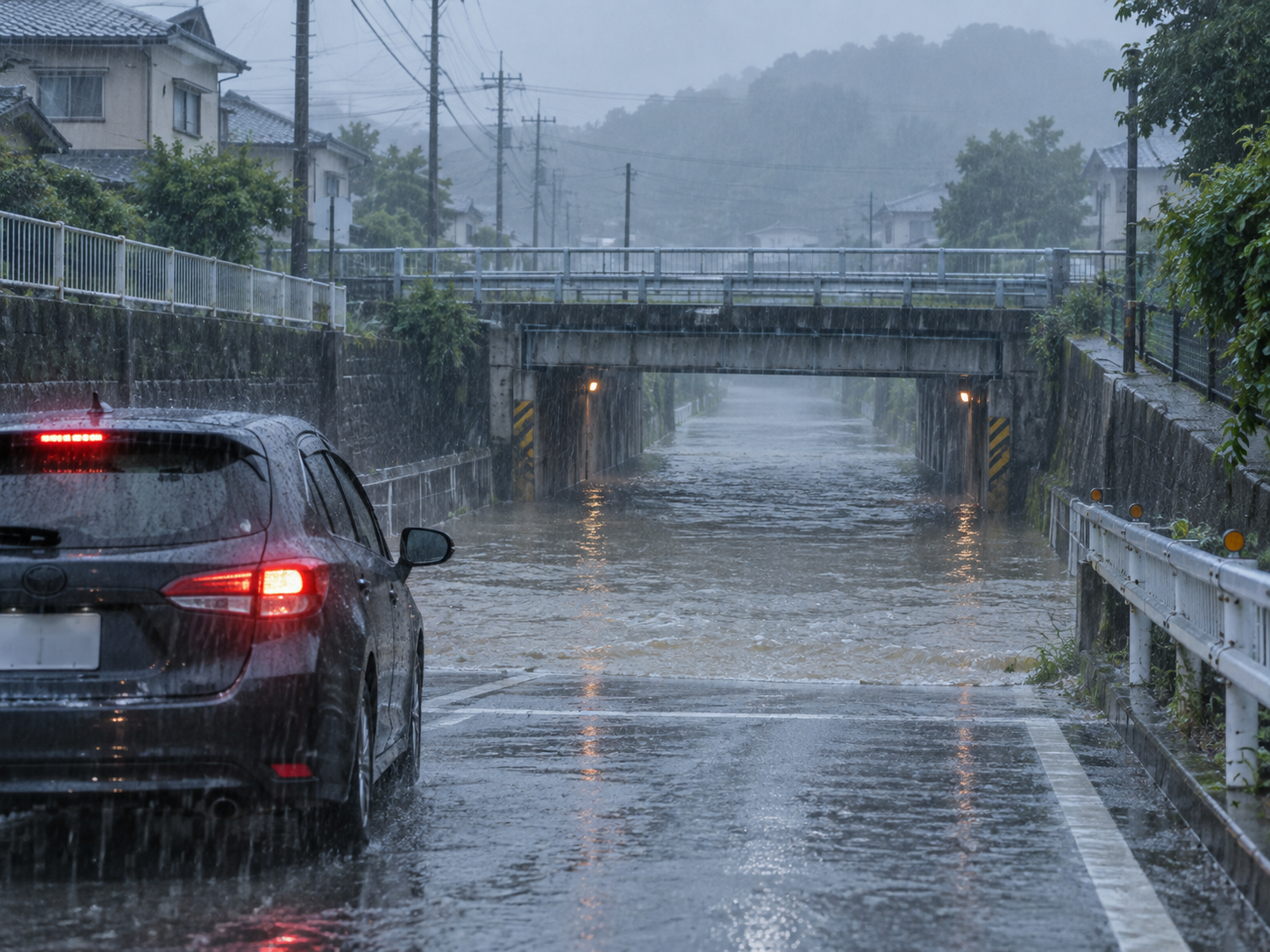 冠水した道路やアンダーパスへ入らないことを示すイメージ