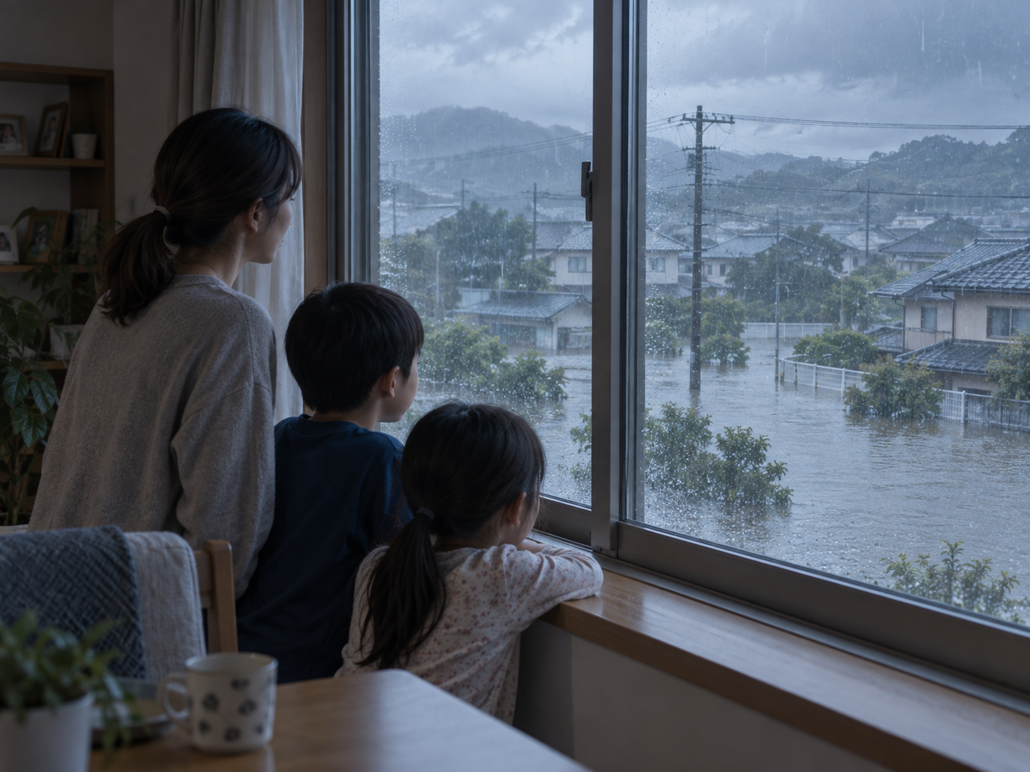 大雨の中、家の中から安全を確認する家族のイメージ