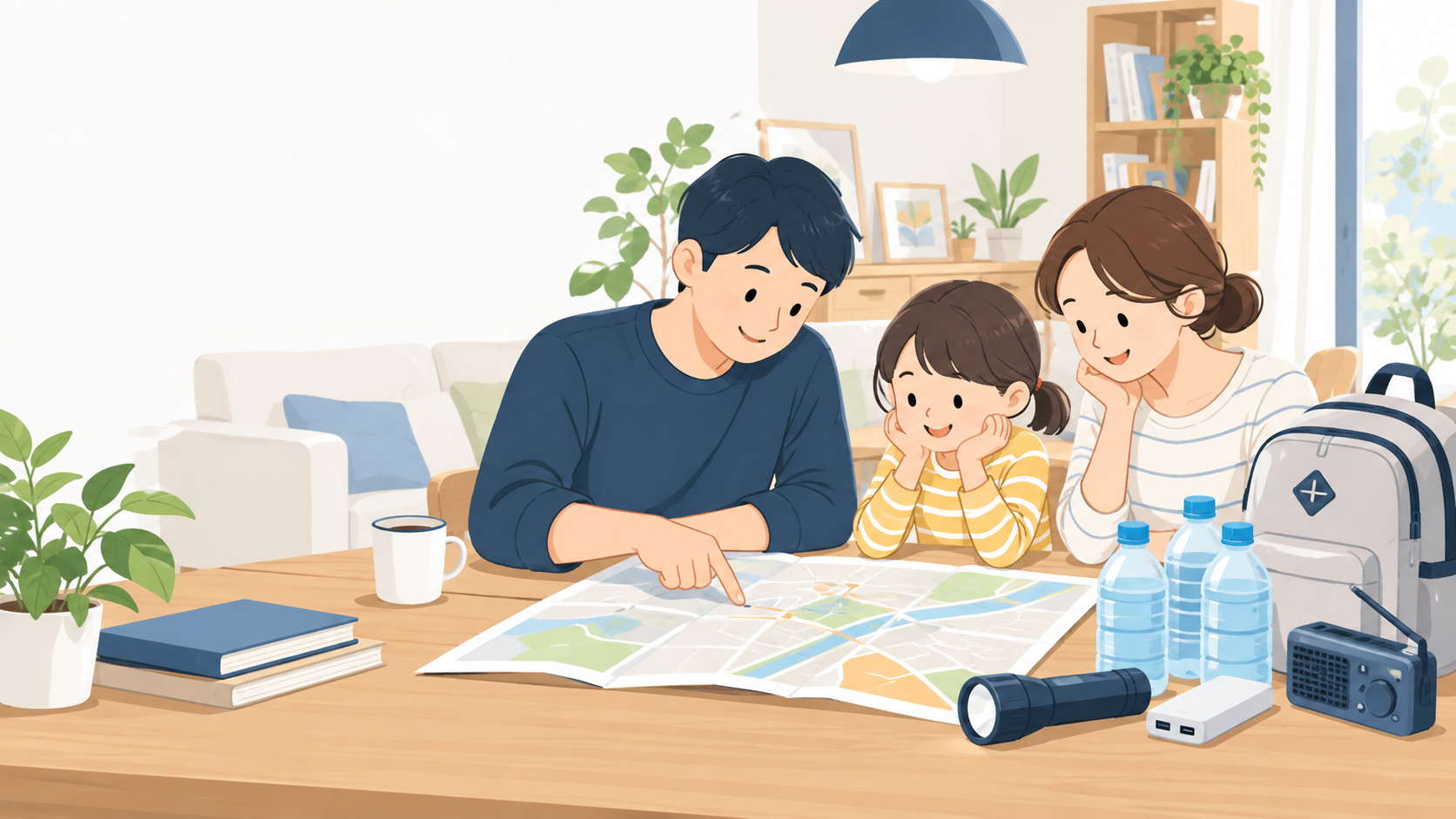 家族でハザードマップと防災用品を確認しているイメージ