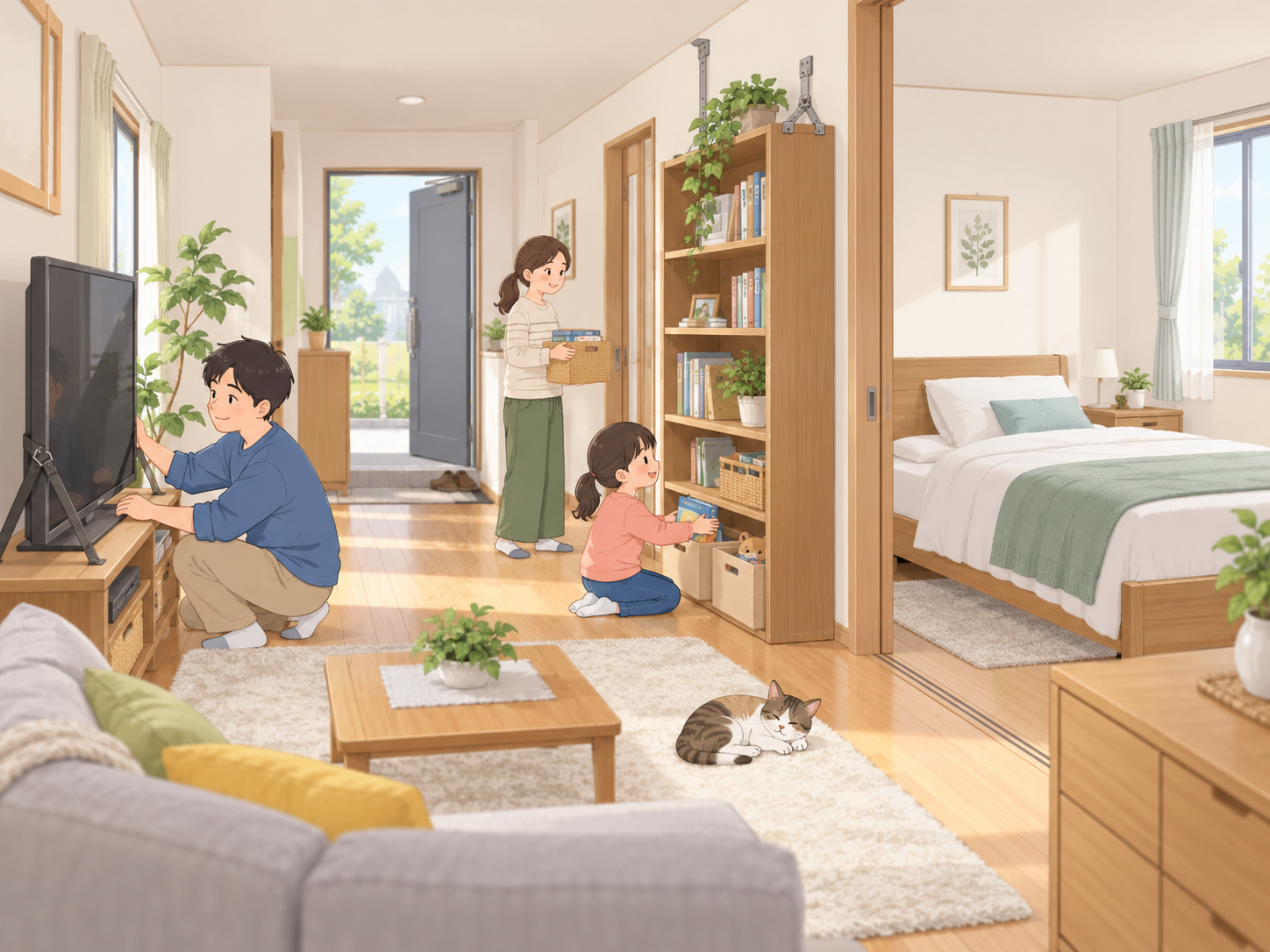 家具の固定や配置を見直して家の中を安全にしている家族のイメージ