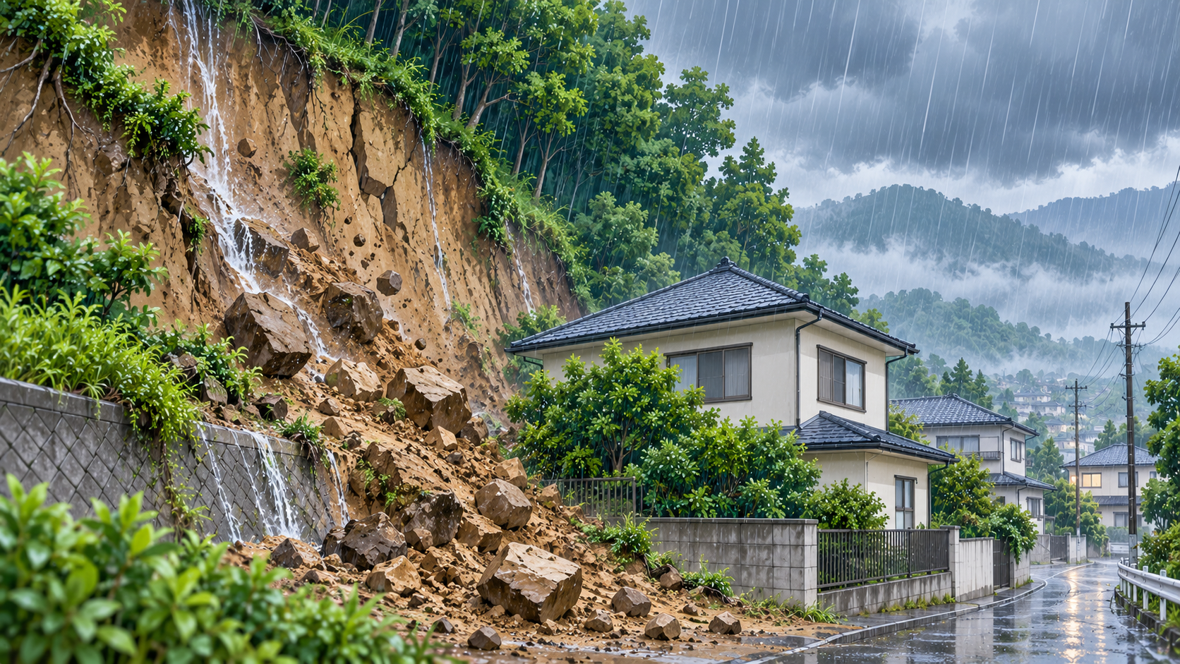 大雨で住宅近くの急な斜面が崩れている様子