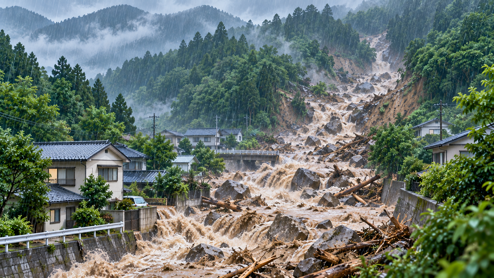山から大量の土砂や石、流木が水と一緒に流れ下る土石流