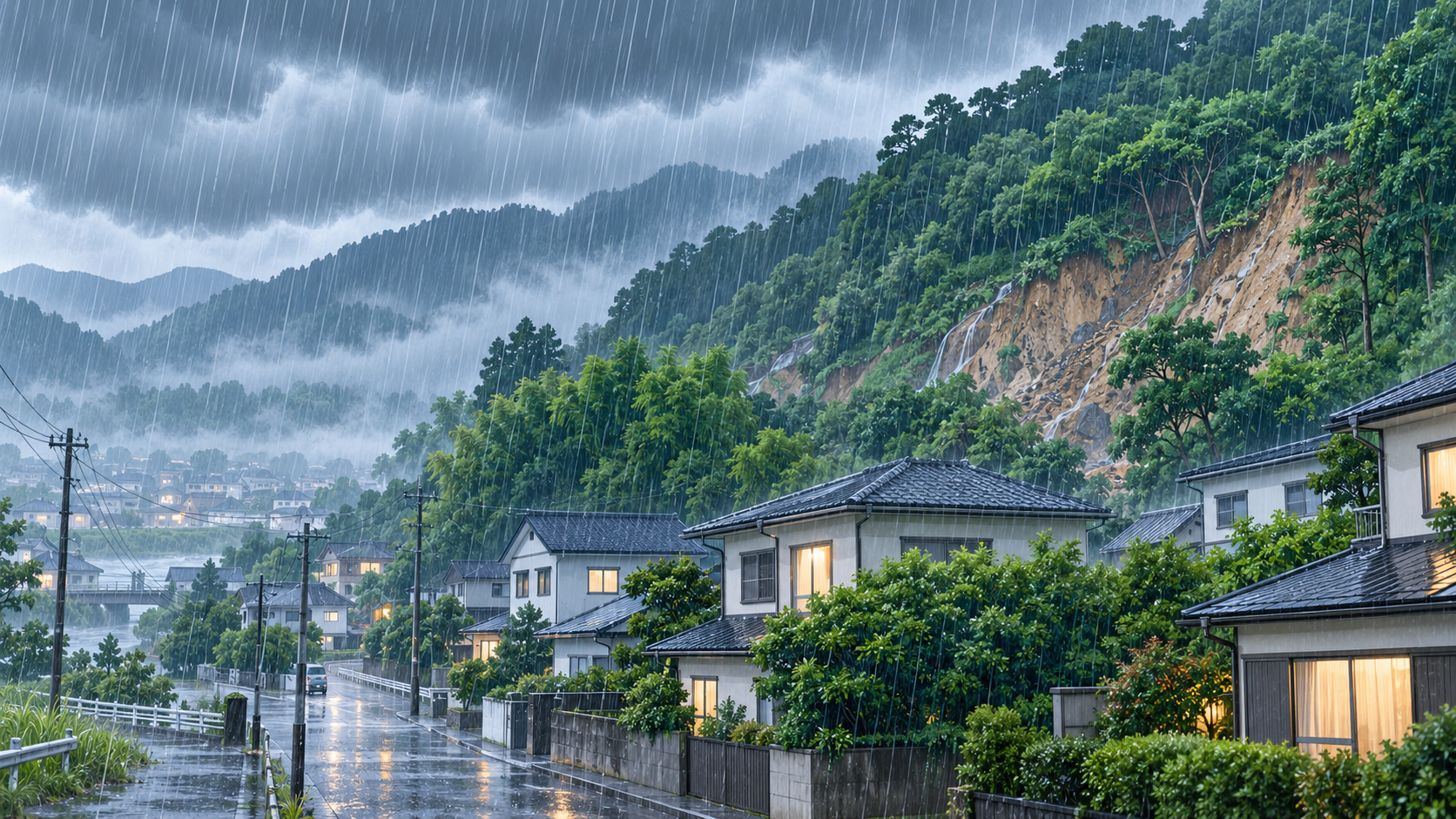 大雨が降る山あいの住宅地と土砂災害のおそれがある斜面