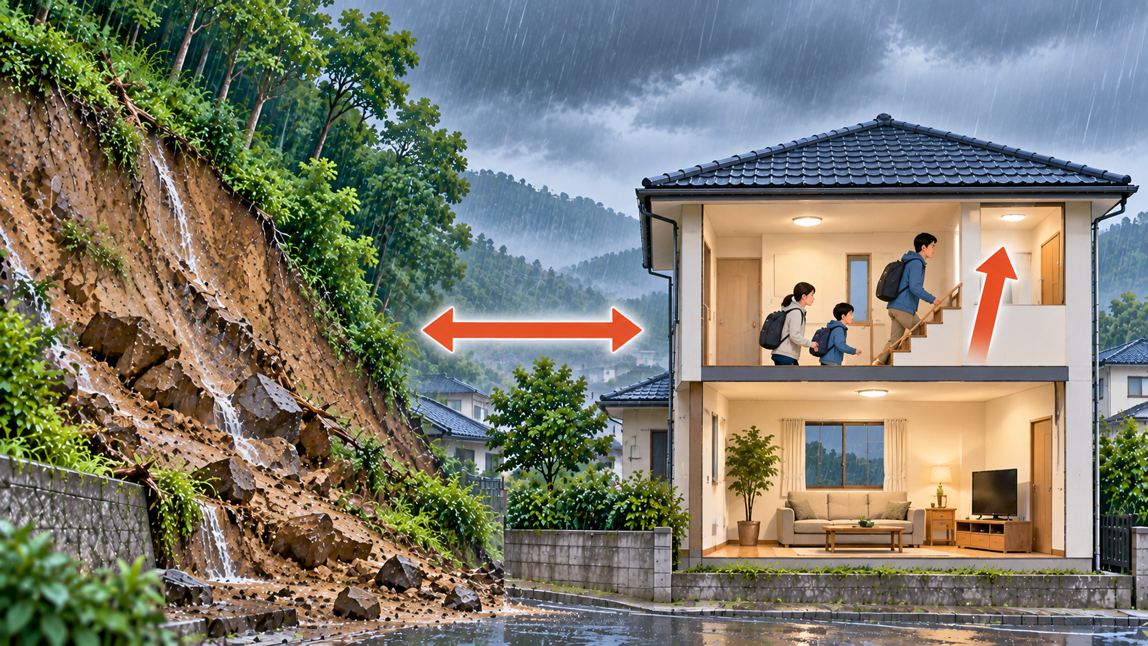 土砂災害時に、がけから離れた部屋や上の階へ移動する考え方を示した図