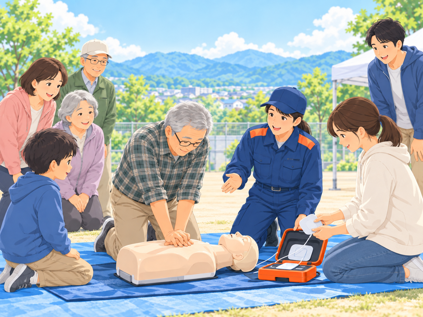 AEDや心肺蘇生を地域住民が学んでいるイメージ
