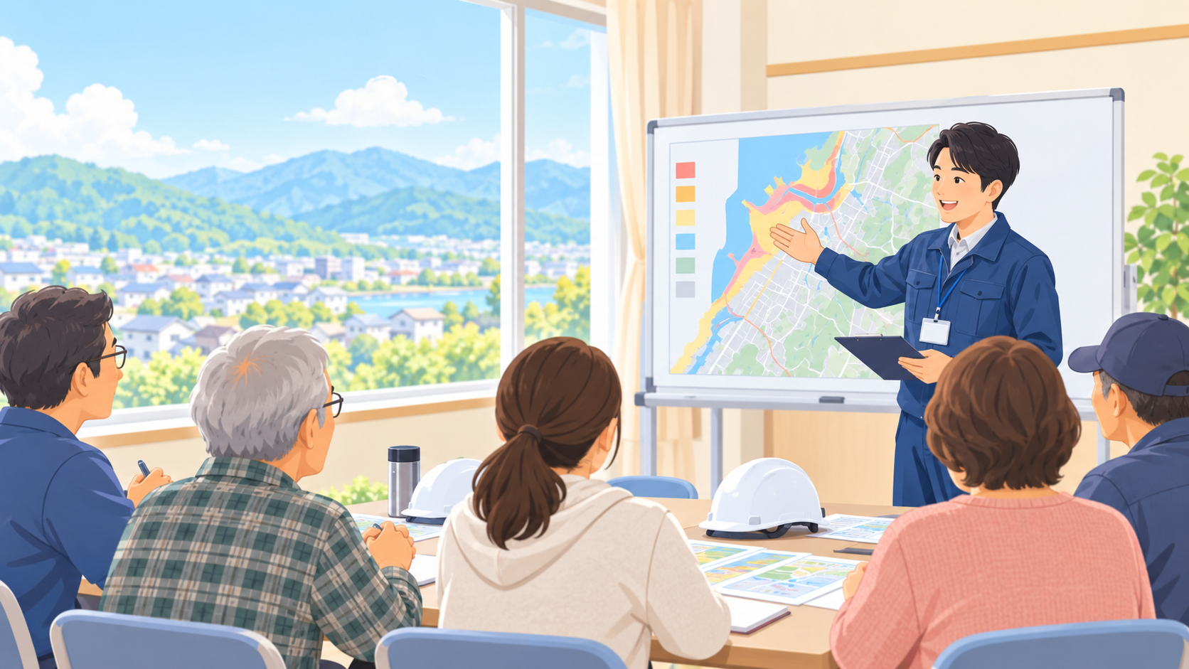 地域の住民が防災について学んでいるイメージ