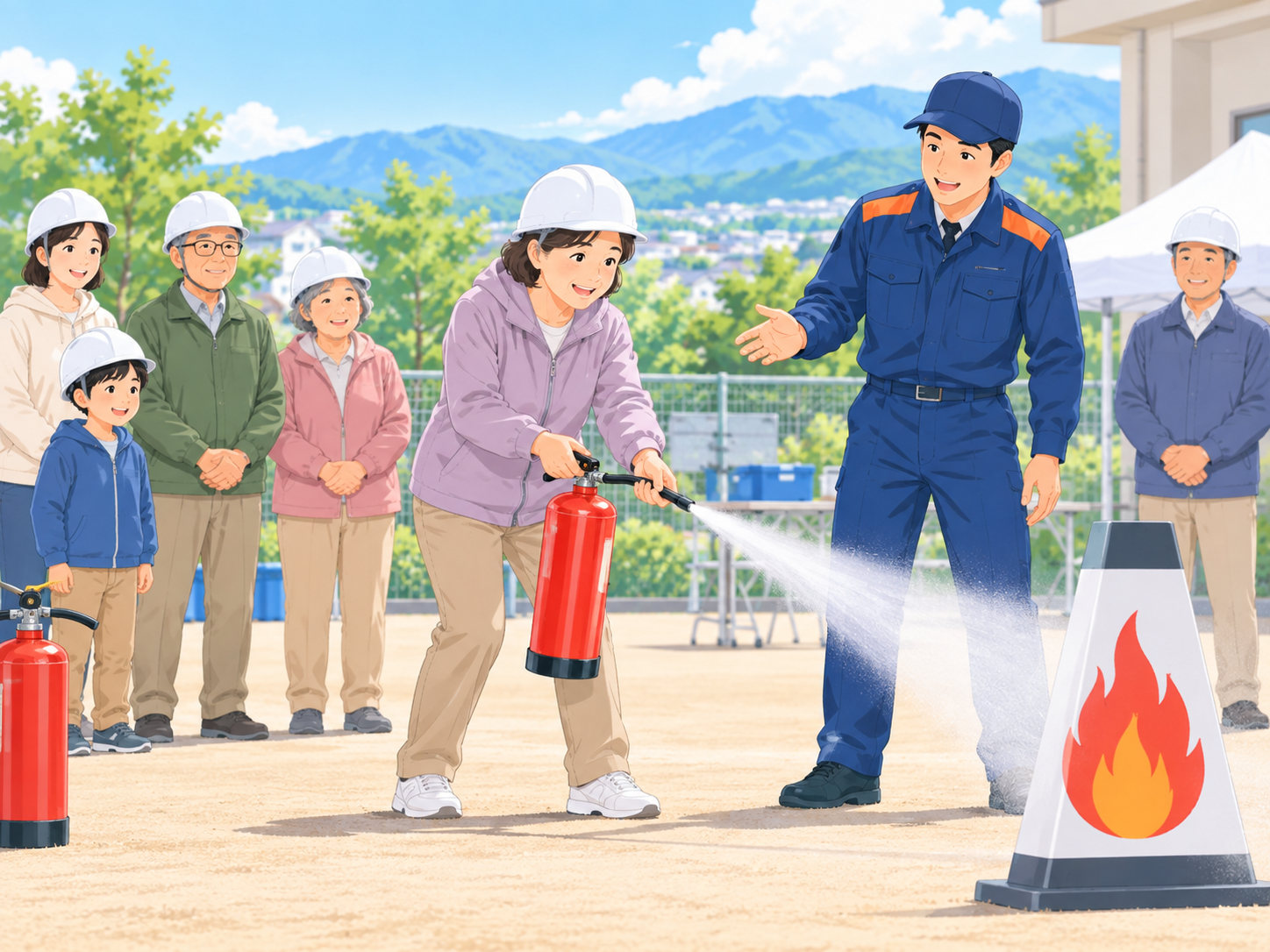 地域住民が消火器の使い方を学んでいる訓練のイメージ