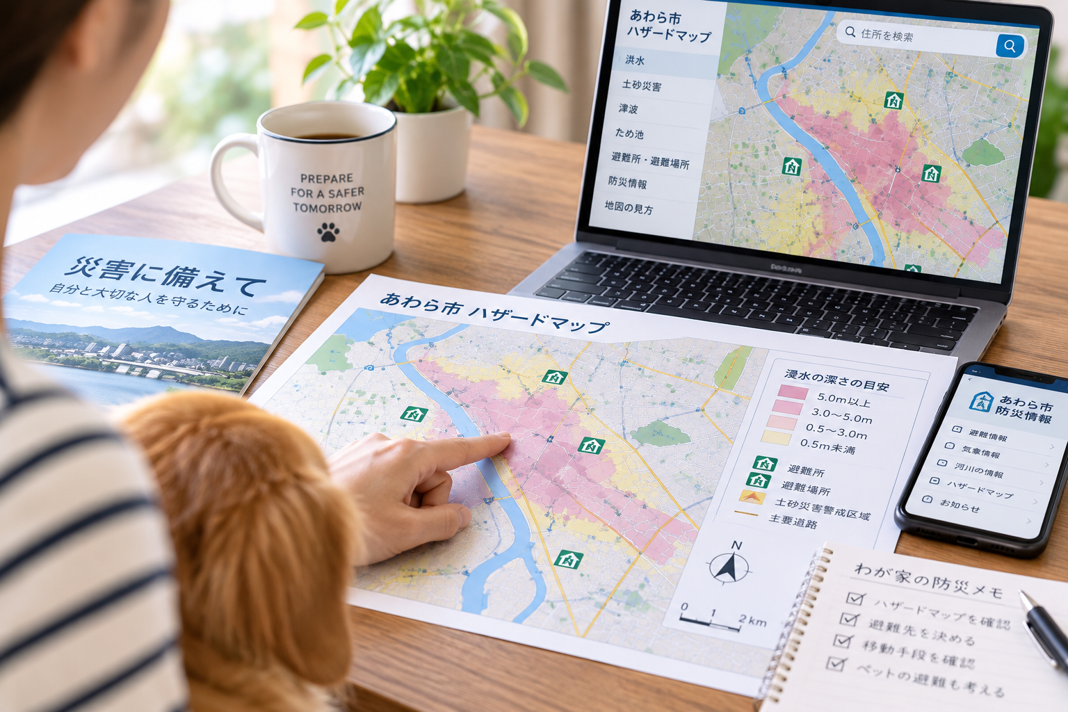 地図を見ながらペットとの避難先を確認するイメージ