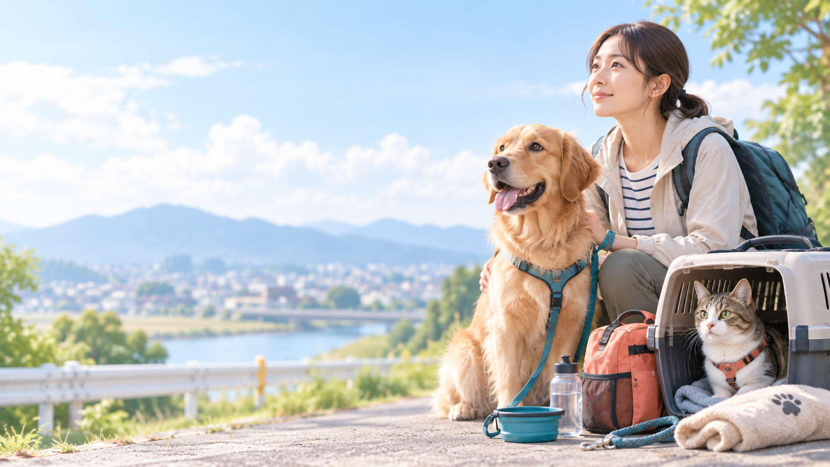 ペットと一緒に避難するための準備をした飼い主と犬・猫のイメージ