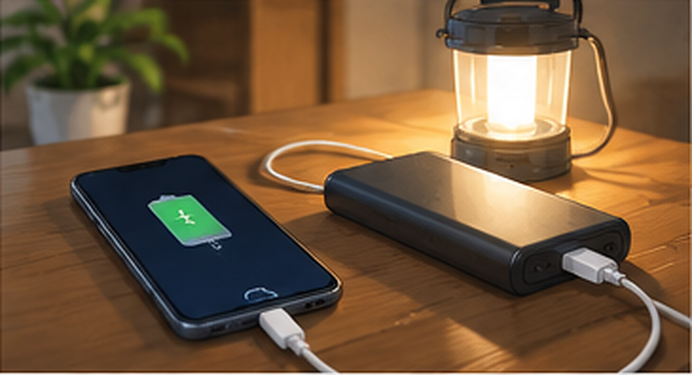 モバイルバッテリーでスマートフォンを充電している様子