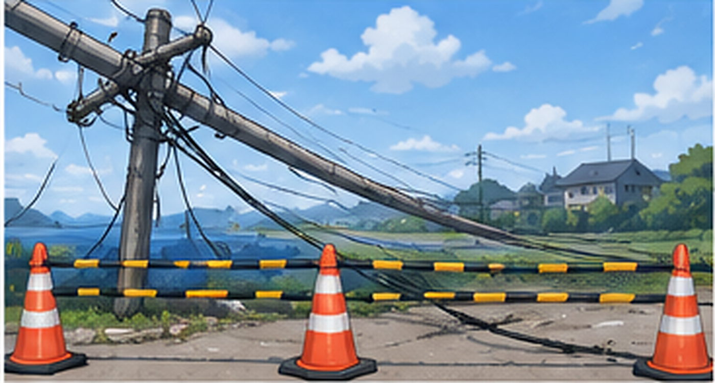 倒れた電柱と地面付近に垂れた電線
