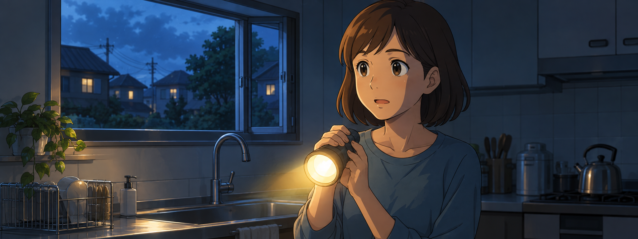 停電したキッチンで懐中電灯を持ち、電気や水道の停止を確認している様子