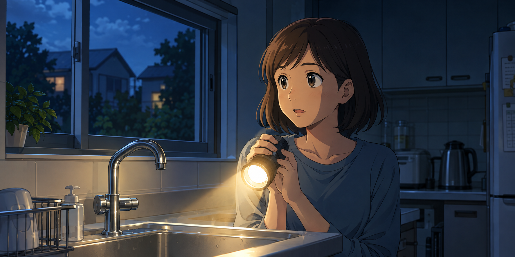 停電したキッチンで懐中電灯を使って確認している様子