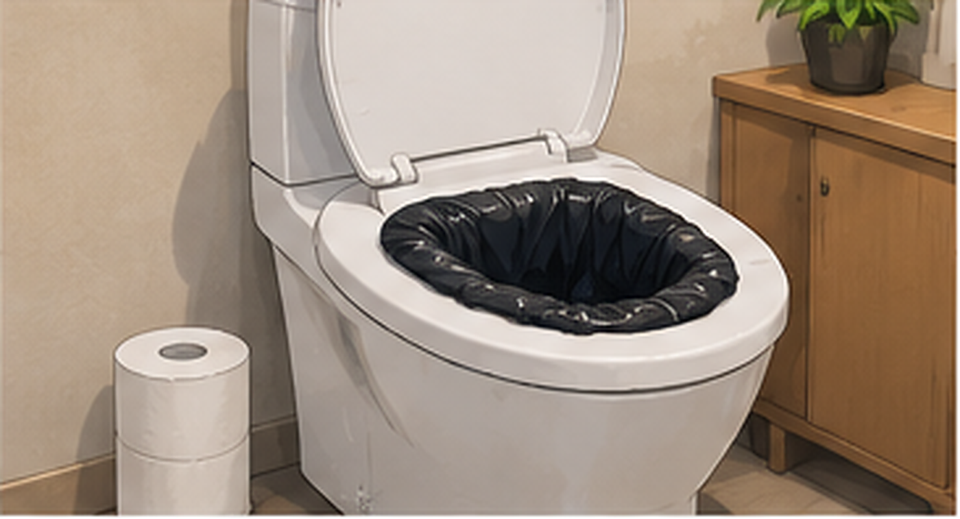 洋式便器に携帯トイレ用の袋をセットした様子