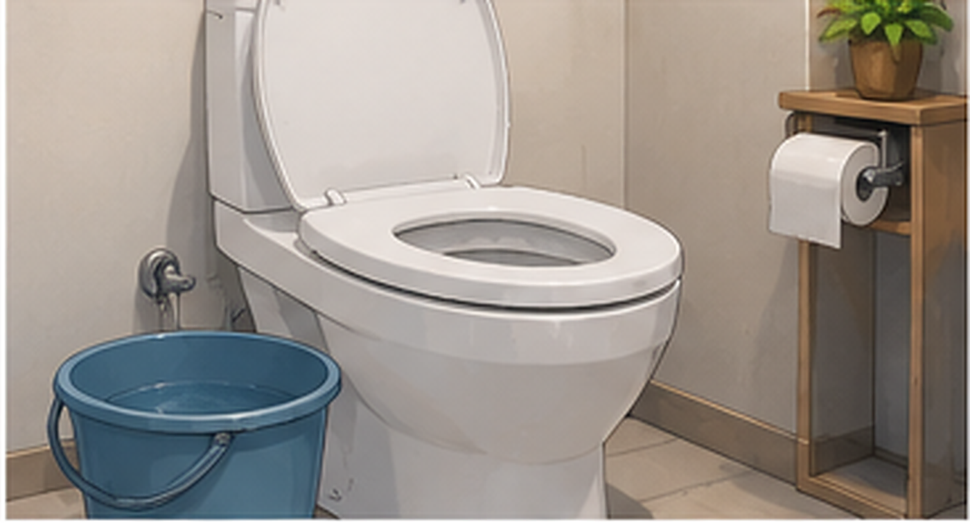 洋式便器とトイレを流すために用意したバケツの水