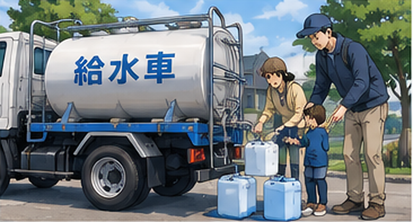 給水車から容器へ水を受け取る家族のイメージ