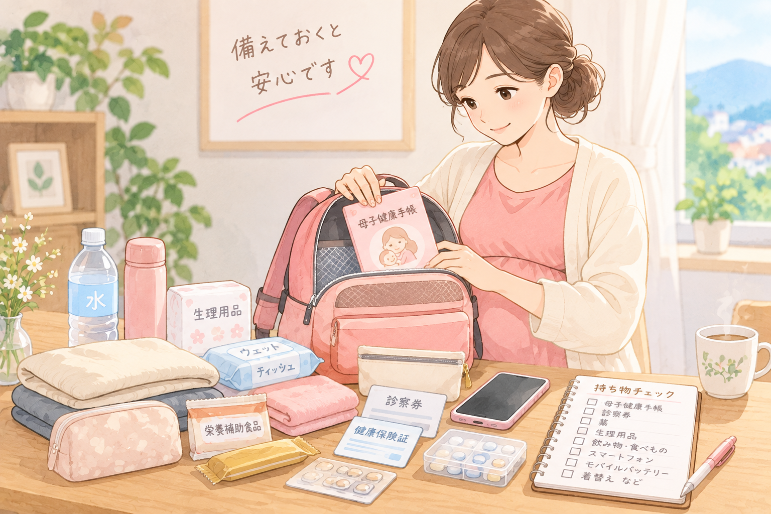 母子健康手帳や水など、避難時に持ち出すものをまとめるイラスト
