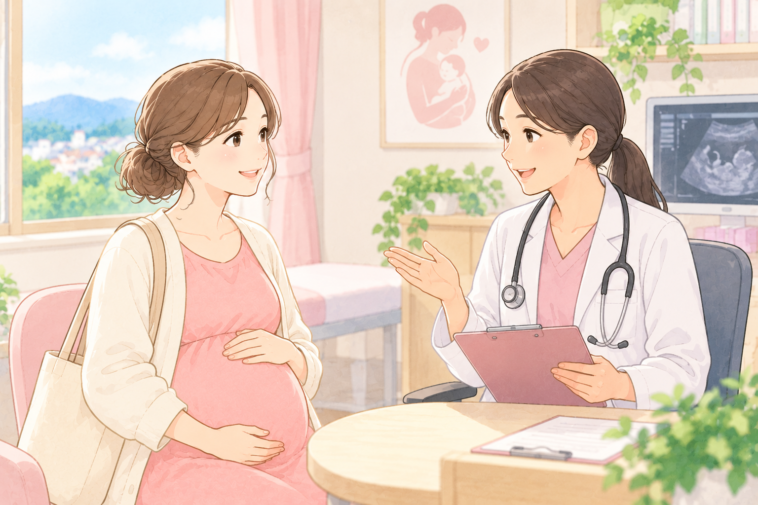 妊娠中の女性が、医療従事者へ相談するイラスト