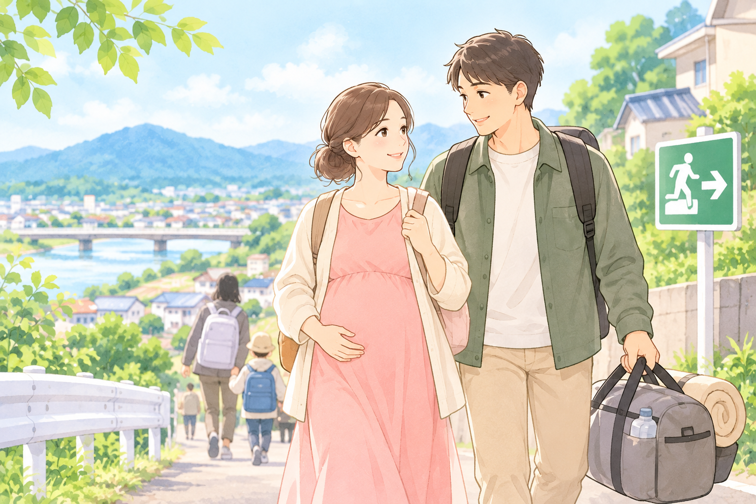 妊娠中の女性が、荷物を持つ家族と一緒に移動するイラスト