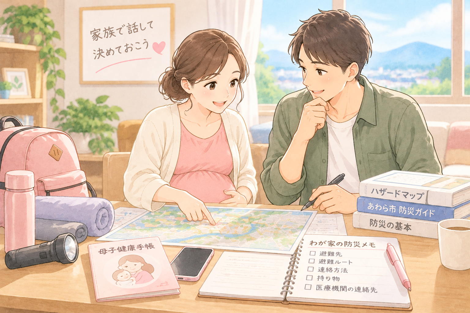 家族と地図を見ながら、災害時の行動を話し合うイラスト