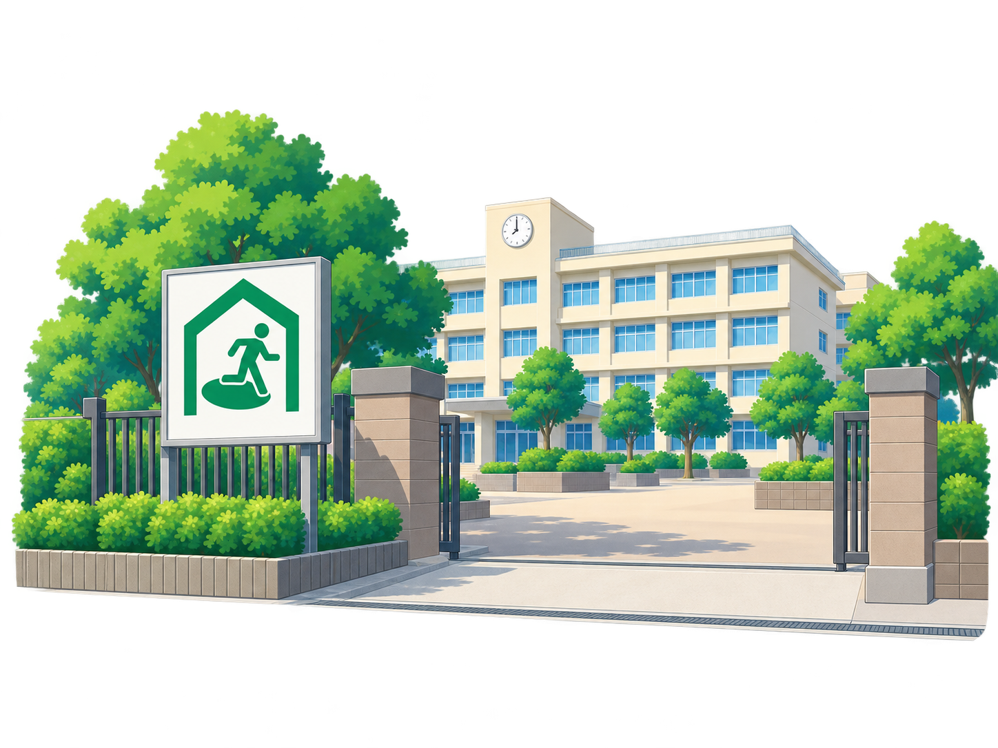 避難所となる学校と避難所案内標識を描いたイメージ