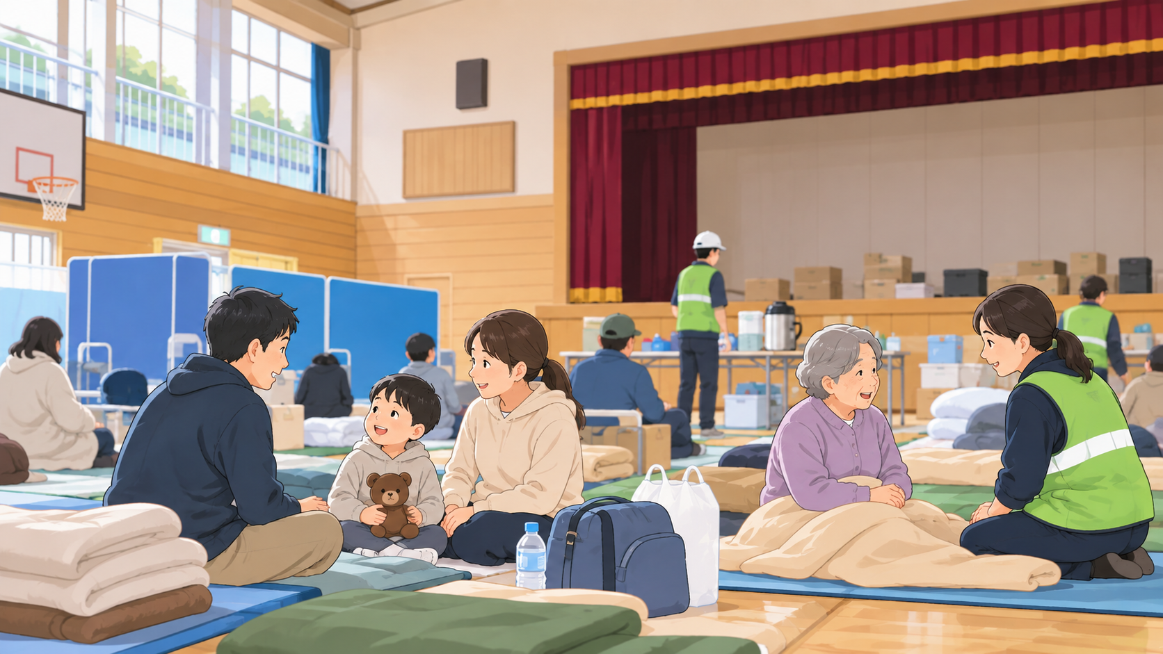 体育館の避難所で過ごす人たちのイメージ