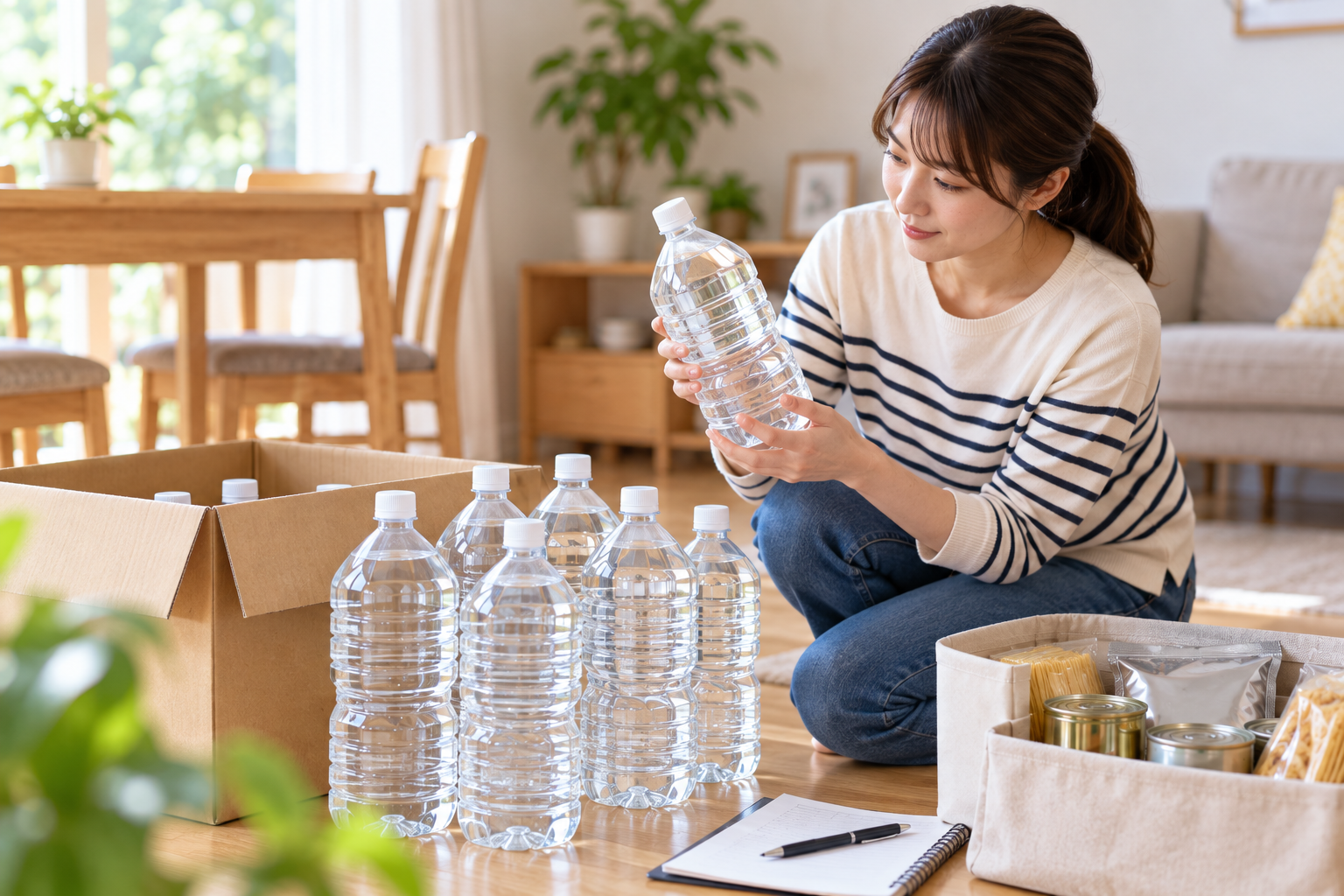 家庭にある飲料水の量を確認しているイメージ