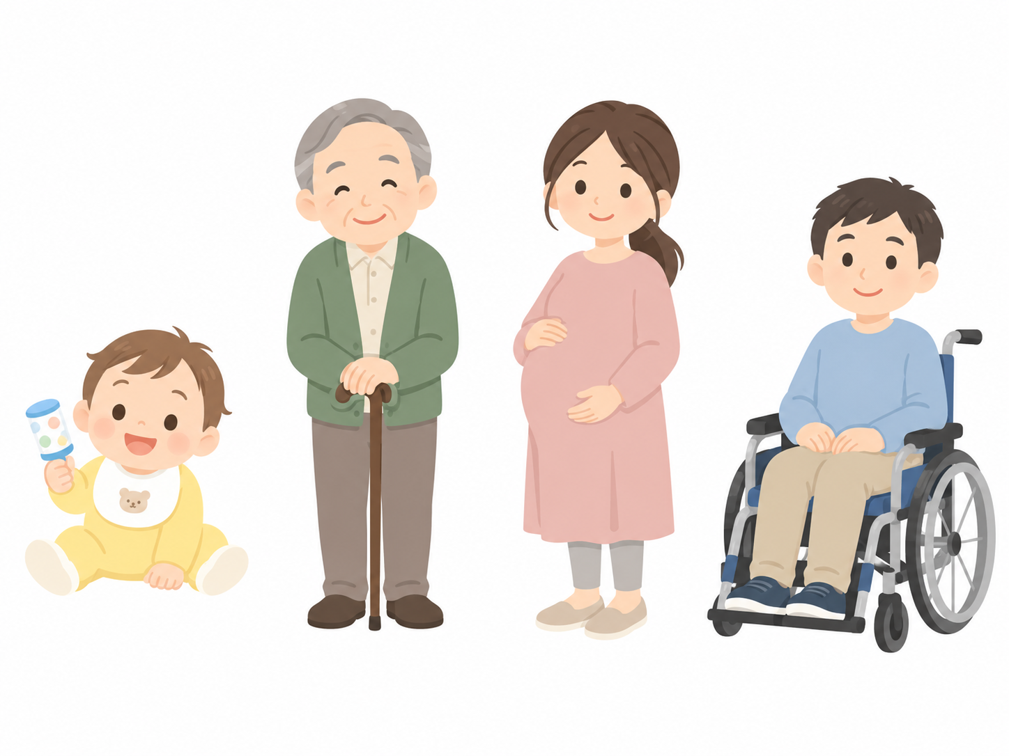 赤ちゃん、高齢者、妊娠中の方、介護や医療ケアが必要な方のイメージ