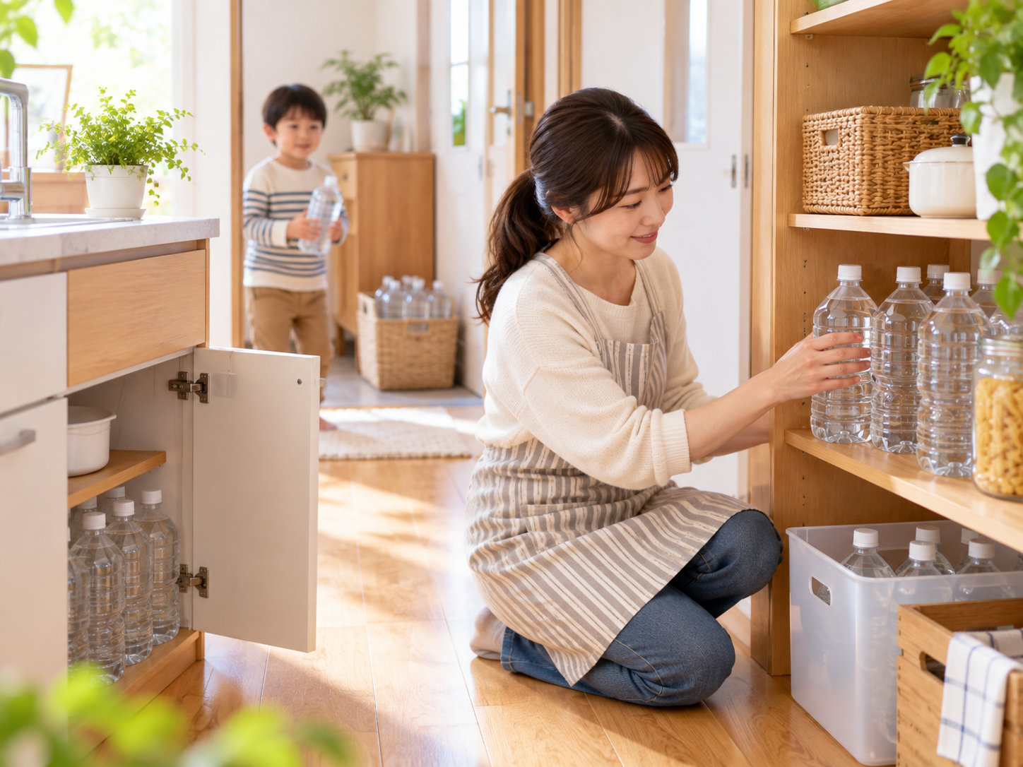 家庭内の複数の場所に水を収納しているイメージ