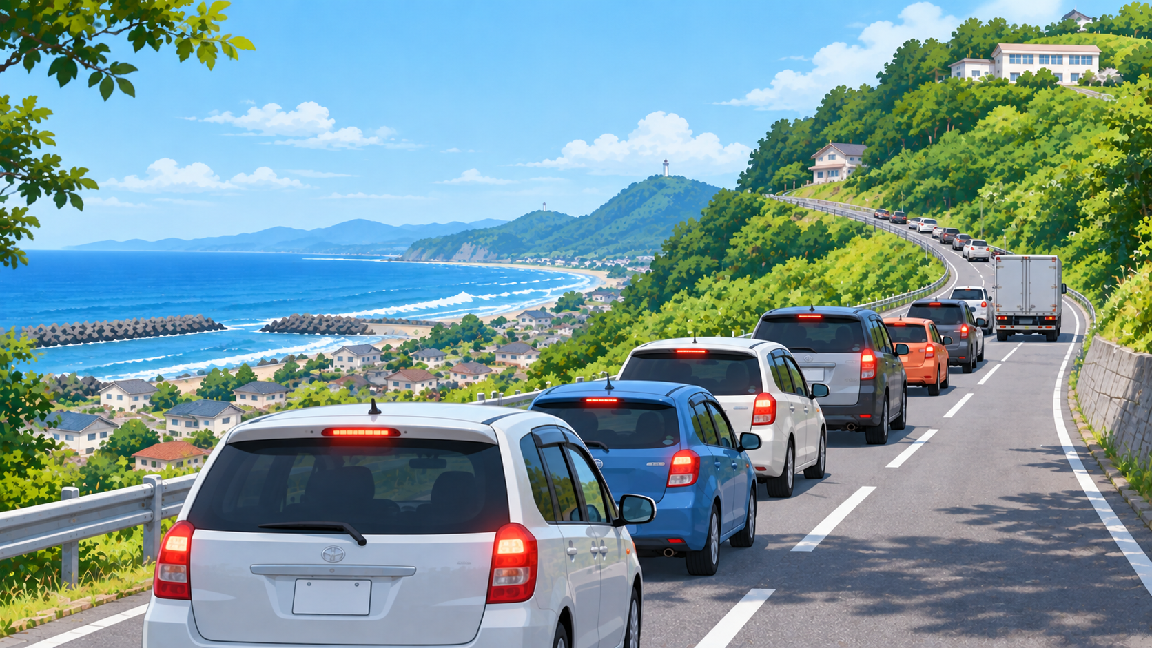 高台へ向かう道路に避難する車が集中しているイメージ。実際の避難状況を撮影したものではありません。