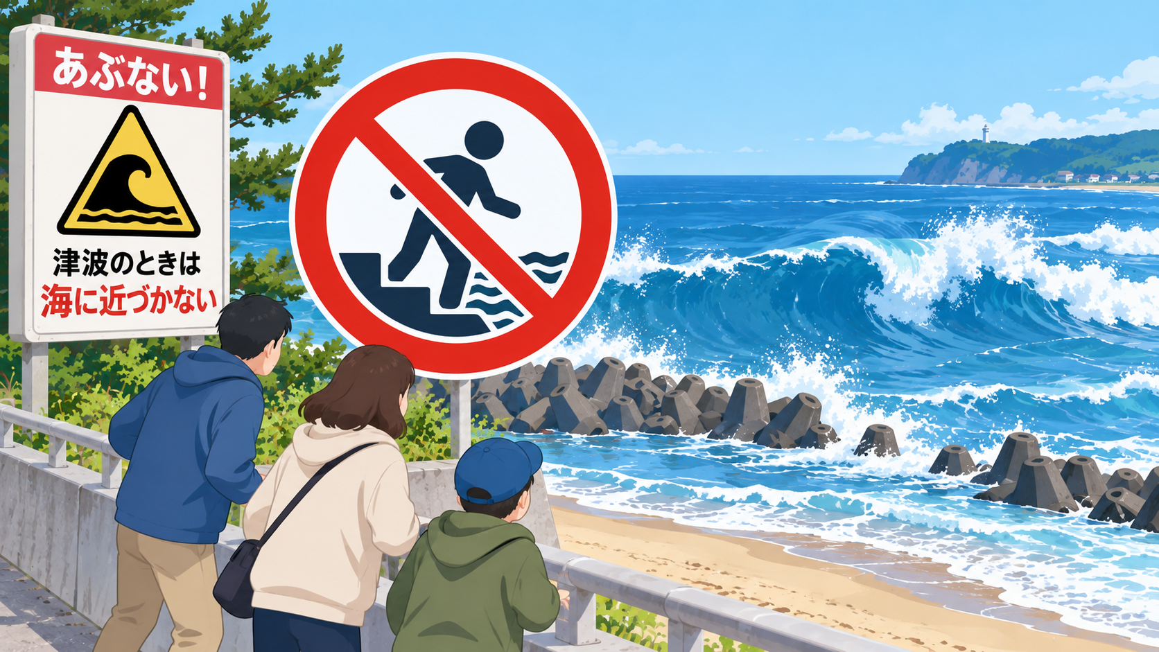 海へ近づいて様子を見る行動が危険であることを、禁止マークで示したイラスト。