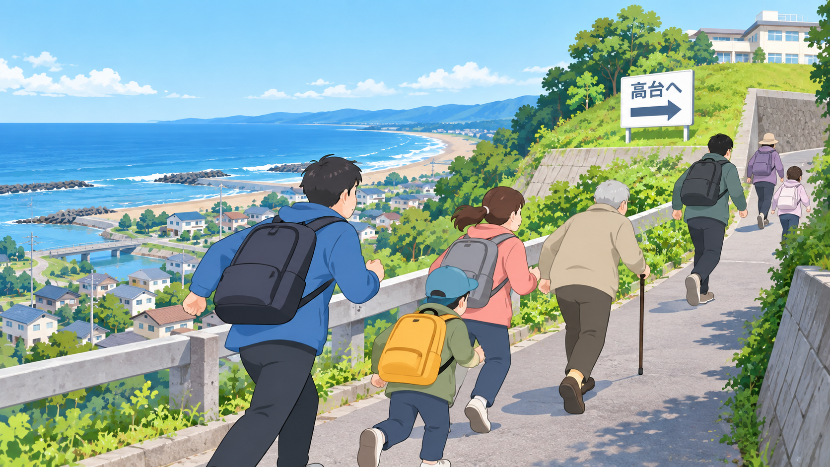 海岸から離れ、高い場所へ避難する人たちのイメージ。